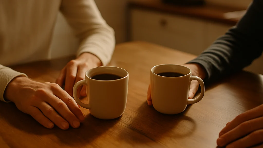 Dos tazas de cerámica beige con café negro sobre una mesa de madera, con manos de dos personas cerca