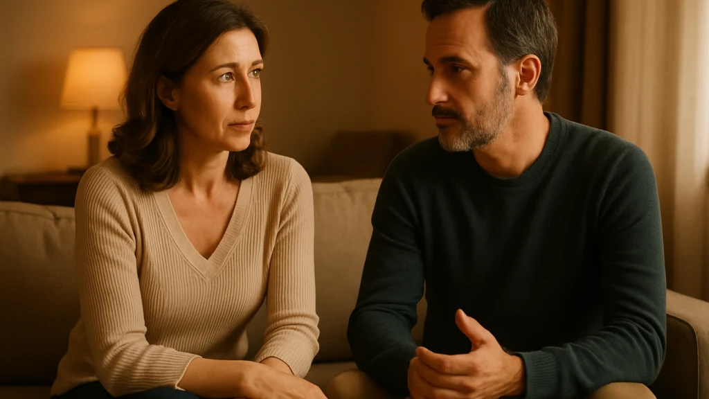 Mujer con jersey beige y hombre con barba y jersey verde oscuro conversan serios en un sofá con lámpara encendida