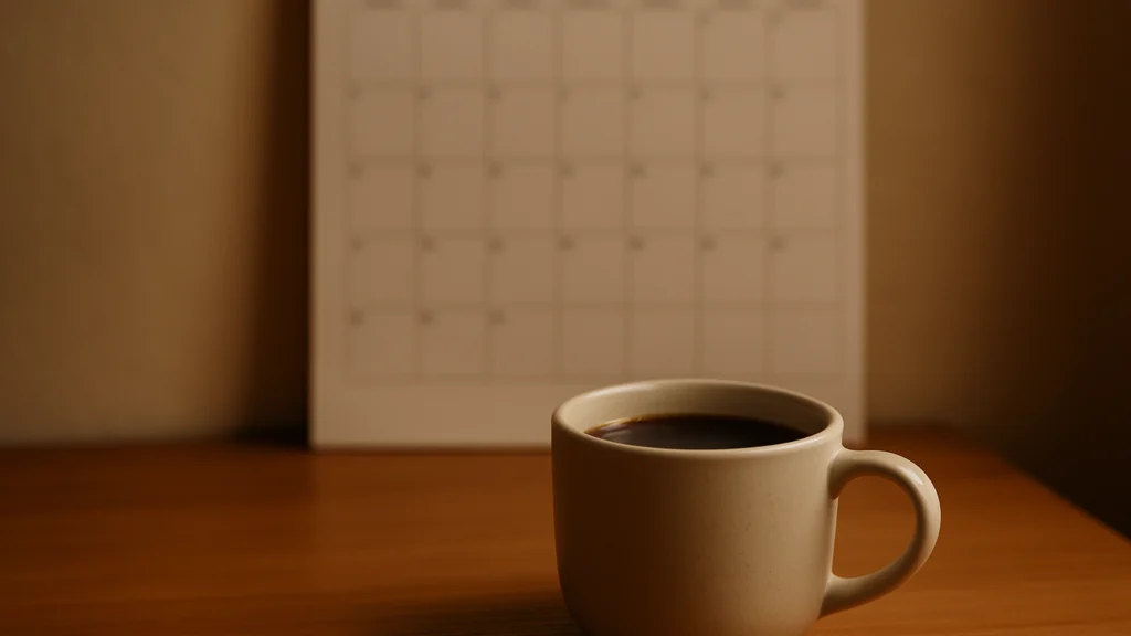 Taza de cerámica beige con café negro sobre mesa de madera, con un calendario mensual en blanco desenfocado detrás