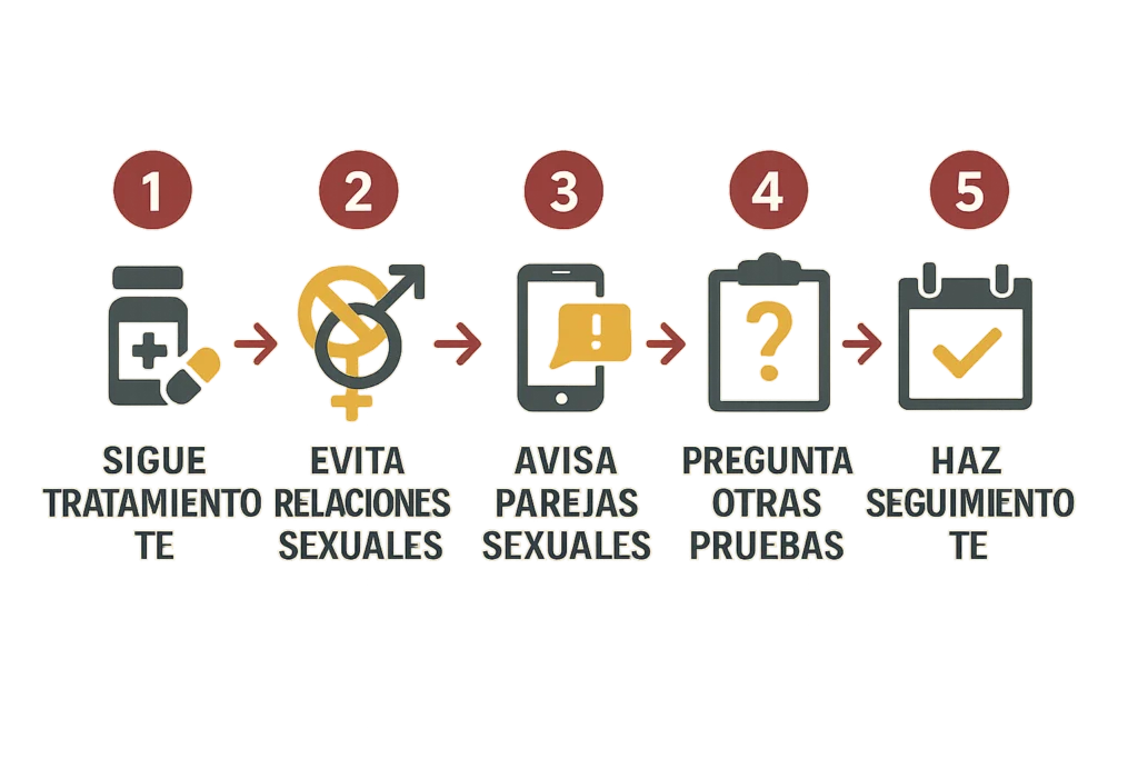 Cinco pasos numerados con iconos: medicación, evitar relaciones, avisar a parejas, pruebas y seguimiento
