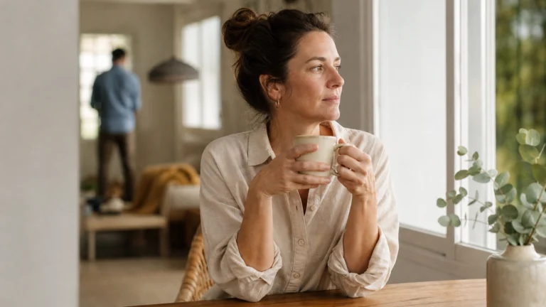 Mujer de pelo recogido con camisa de lino beige sostiene una taza junto a una ventana mientras un hombre, al fondo