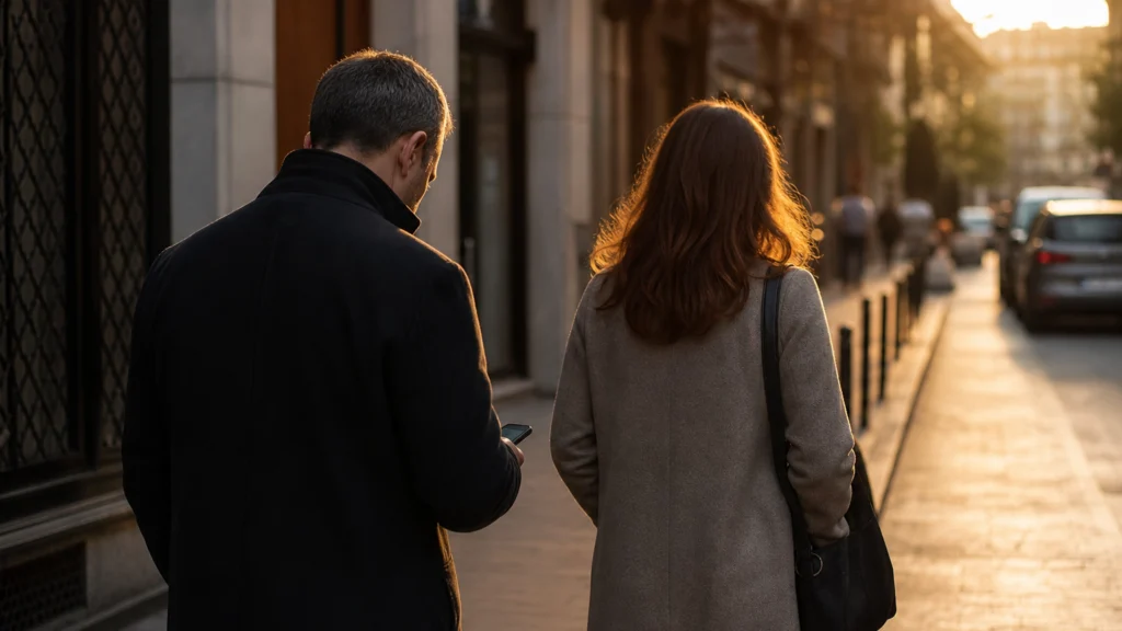 Pareja de espaldas camina por una acera al atardecer mientras él mira el móvil