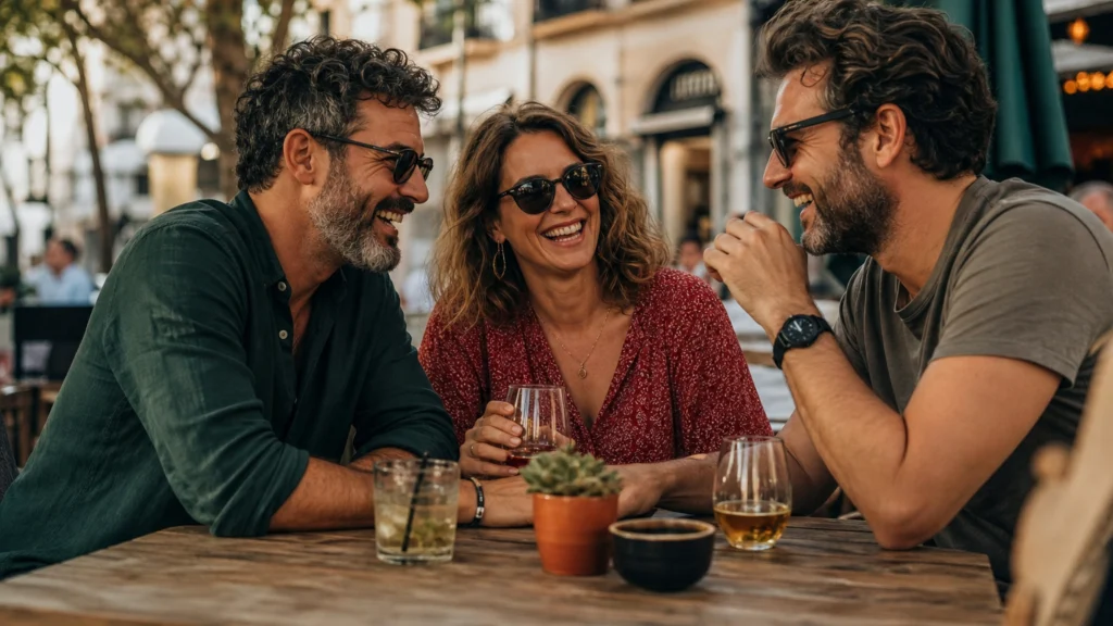 Tres amigos ríen en una terraza con copas y una suculenta en maceta