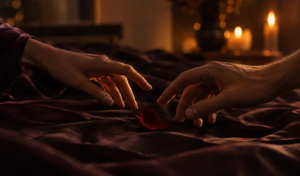 Dos manos a punto de rozarse sobre sábanas satinadas burdeos, con un pétalo rojo y velas encendidas al fondo