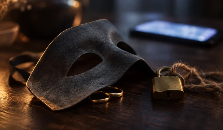 Antifaz gris, dos anillos dorados y candado sobre madera oscura con móvil iluminado detrás