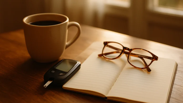 Glucómetro negro con tira reactiva junto a gafas de carey sobre una libreta abierta y una taza de café