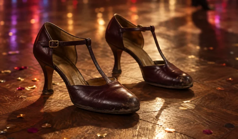 Zapatos de tacón burdeos con correa en T sobre un parquet brillante cubierto de confeti dorado y rosa