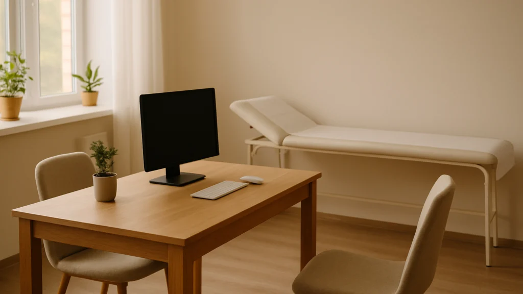 Despacho médico con mesa de madera, monitor y planta, sillas beige y camilla blanca junto a la ventana