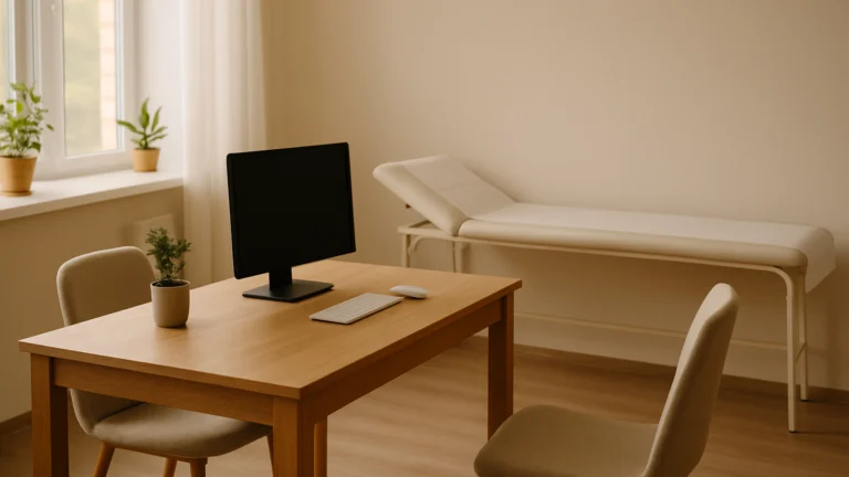 Despacho médico con mesa de madera, monitor y planta, sillas beige y camilla blanca junto a la ventana