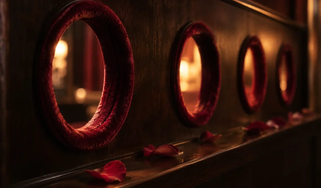 Panel de madera oscura barnizada con aberturas redondas bordeadas de terciopelo rojo, luz cálida al fondo y pétalos sueltos