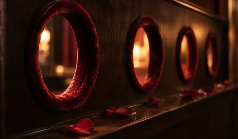 Panel de madera oscura barnizada con aberturas redondas bordeadas de terciopelo rojo, luz cálida al fondo y pétalos sueltos