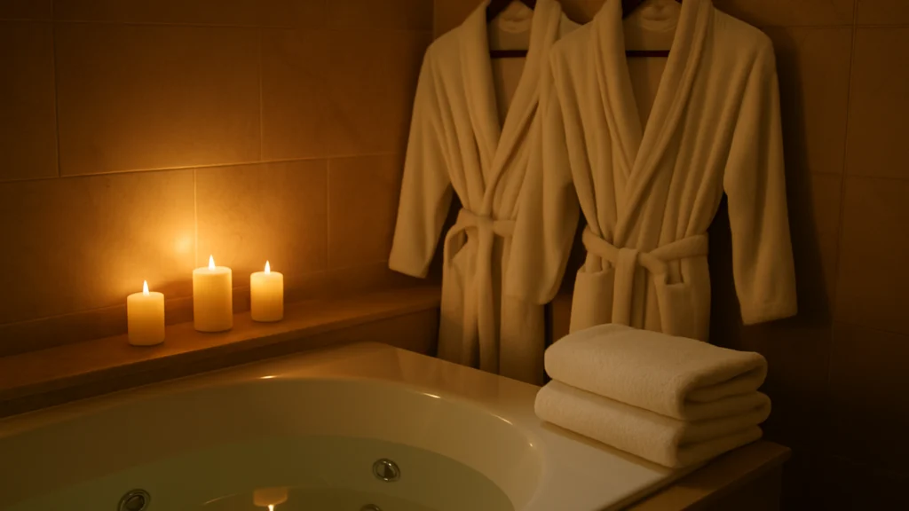 Tres velas encendidas junto a una bañera con chorros, toallas blancas dobladas y dos albornoces colgados en un baño