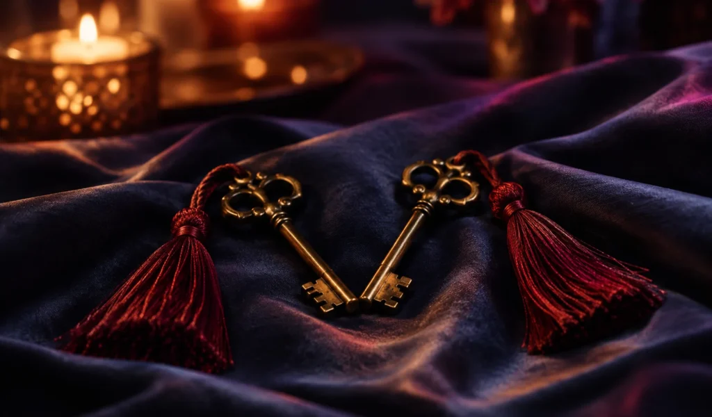 Dos llaves antiguas de latón con borlas rojas sobre terciopelo morado y velas desenfocadas