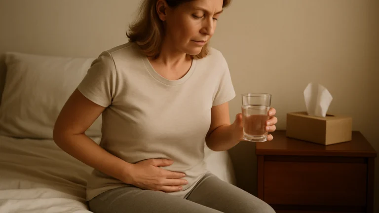 Mujer sentada al borde de la cama con camiseta beige, una mano en el abdomen y un vaso de agua en la otra