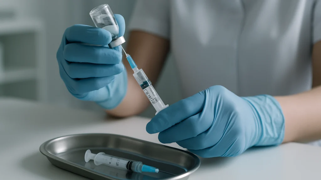 Manos con guantes azules cargan una jeringa de un vial sobre una mesa blanca