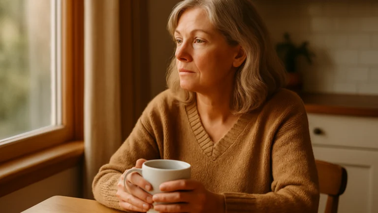 Mujer de pelo castaño claro con jersey de punto beige sostiene una taza blanca junto a una ventana, pensativa