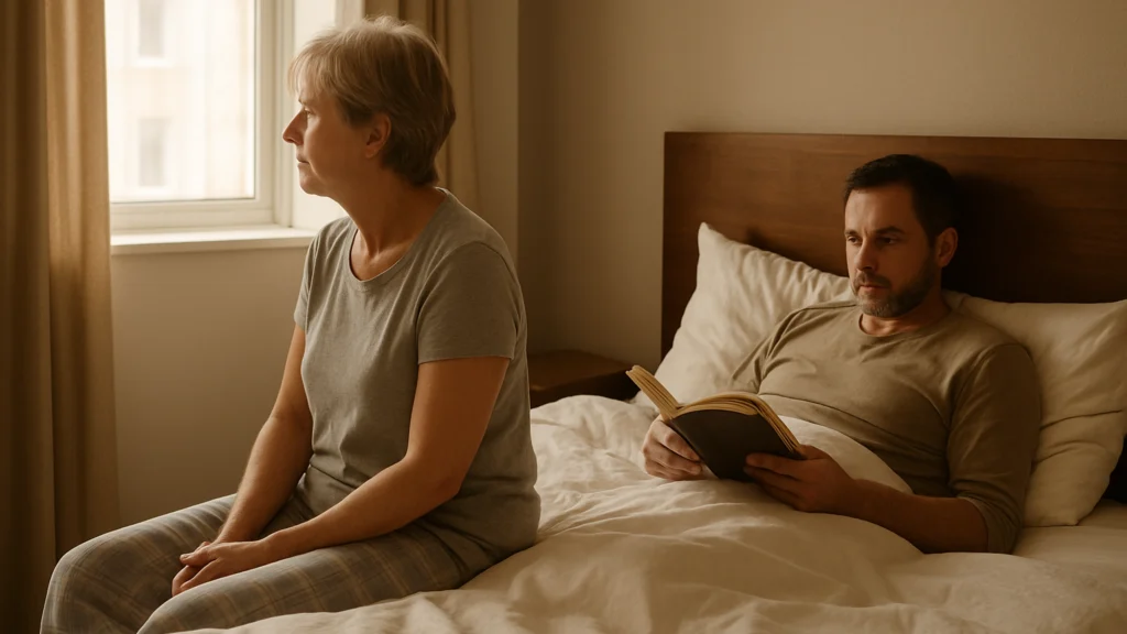 Mujer sentada en la cama mira la ventana mientras un hombre lee un libro