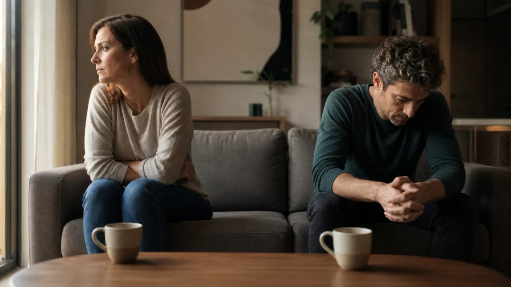 Mujer de beige, brazos cruzados, y hombre cabizbajo de verde en un sofá gris