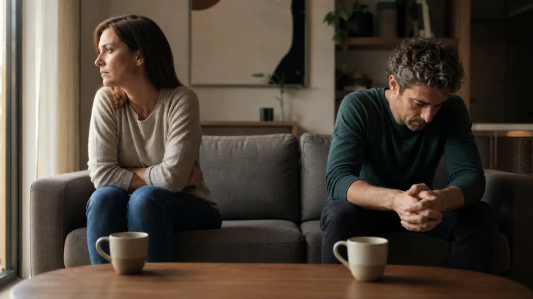 Mujer de beige, brazos cruzados, y hombre cabizbajo de verde en un sofá gris