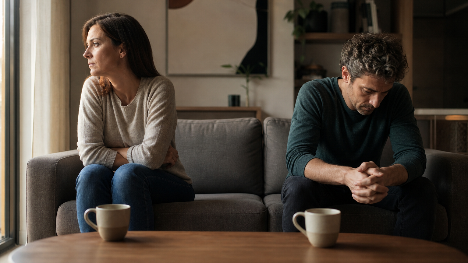Mujer de beige, brazos cruzados, y hombre cabizbajo de verde en un sofá gris