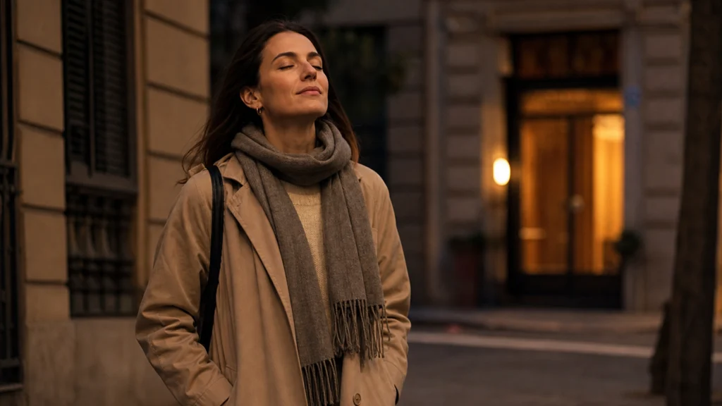Mujer con gabardina beige y bufanda gris respira con los ojos cerrados al anochecer