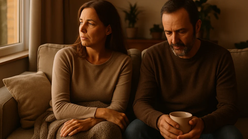 Mujer y hombre maduros sentados en un sofá beige, serios y sin mirarse, con una taza y una manta