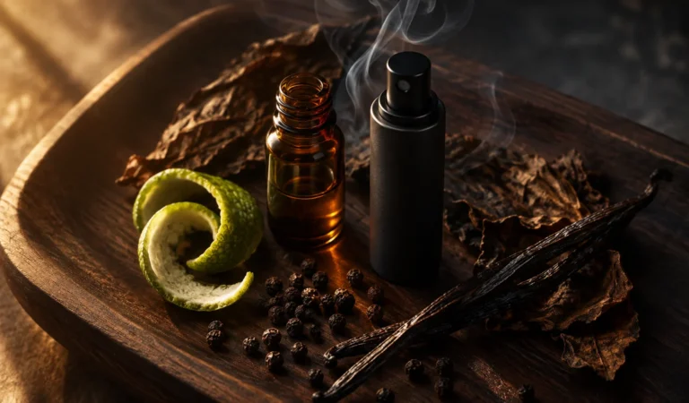 Bandeja de madera oscura con frasco ámbar, spray negro, piel de lima, vainilla, pimienta y hojas secas