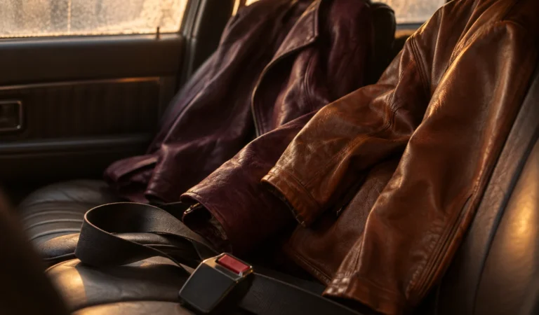 Dos chaquetas de cuero, una granate y otra marrón, sobre asientos negros de un coche con luz cálida del atardecer