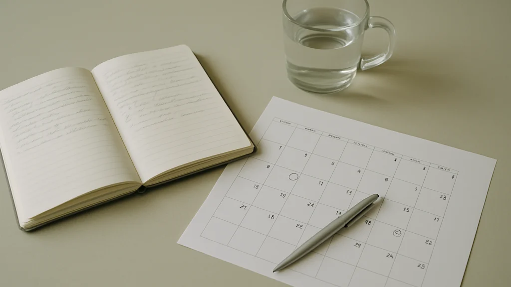 Cuaderno abierto con notas manuscritas junto a un calendario con dos días rodeados, un bolígrafo plateado y un vaso de agua