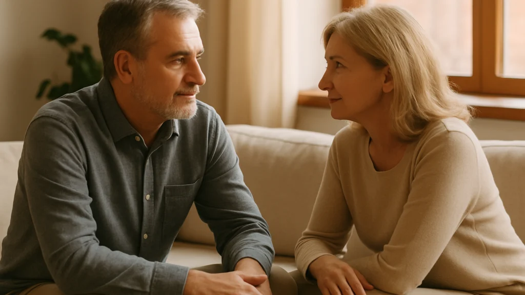 Hombre canoso y mujer rubia se miran de frente sentados en un sofá beige