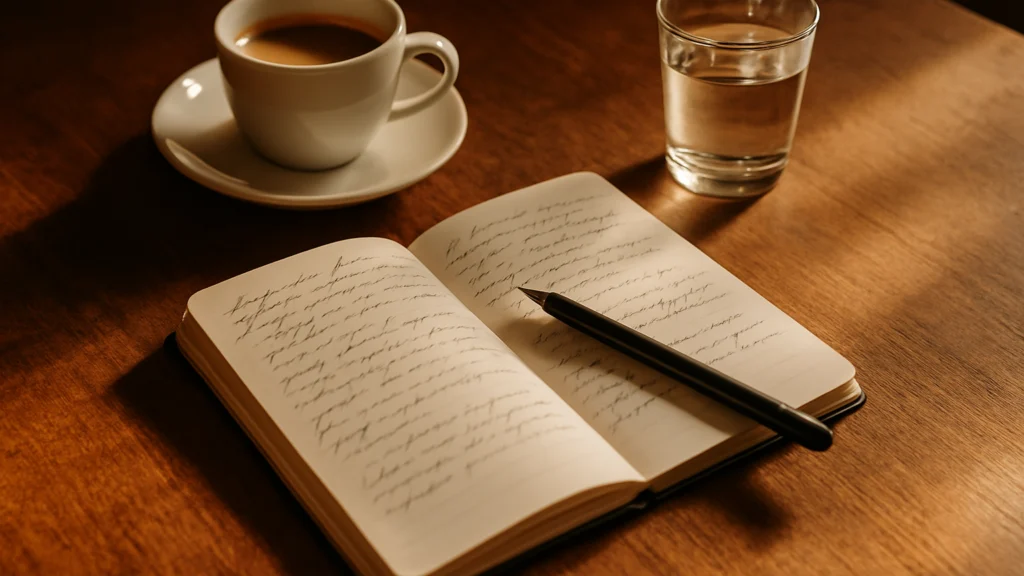 Cuaderno abierto con letra manuscrita y bolígrafo negro sobre mesa de madera junto a taza