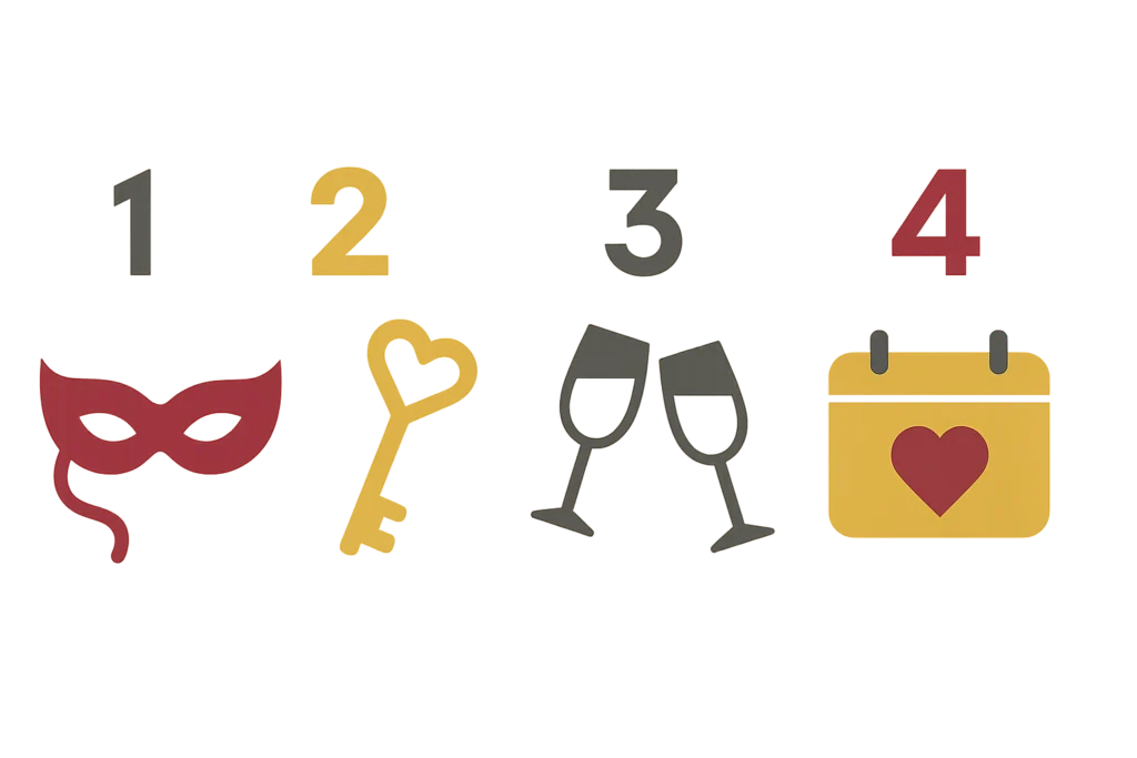 Cuatro iconos: antifaz rojo, llave dorada de corazón, copas grises brindando y calendario amarillo