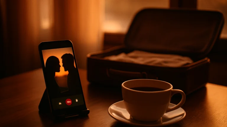 Móvil en soporte con videollamada de dos siluetas, taza de café y maleta abierta al fondo en penumbra cálida