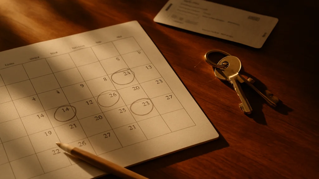 Calendario de papel con varias fechas rodeadas a lápiz, un llavero con llaves y una tarjeta sobre mesa de madera oscura
