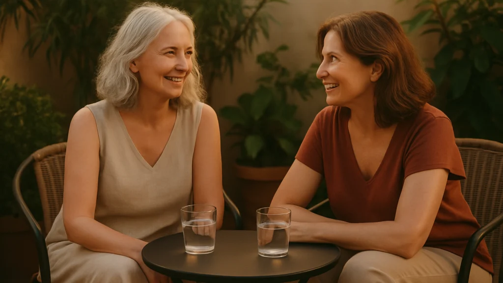 Dos mujeres sonrientes con ropa beige y terracota conversan en sillas de mimbre