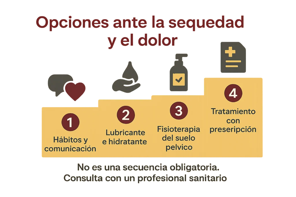 Cuatro escalones amarillos con iconos: comunicación, lubricante, fisioterapia pélvica y tratamiento recetado