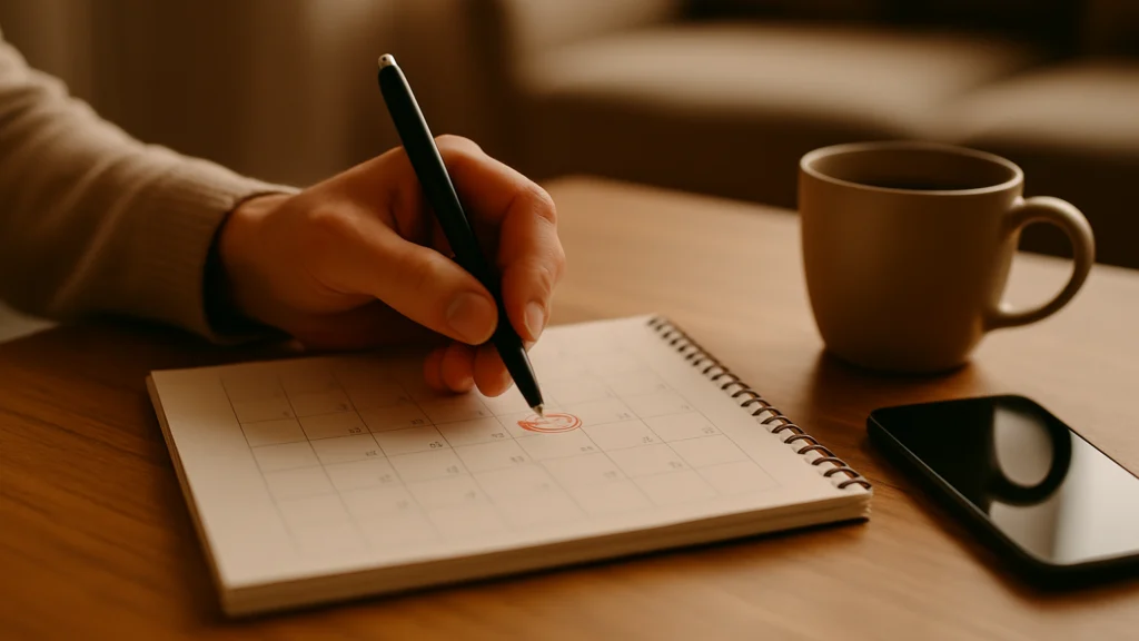 Mano con bolígrafo negro rodea una fecha con tinta roja en un calendario de espiral, junto a una taza y un móvil
