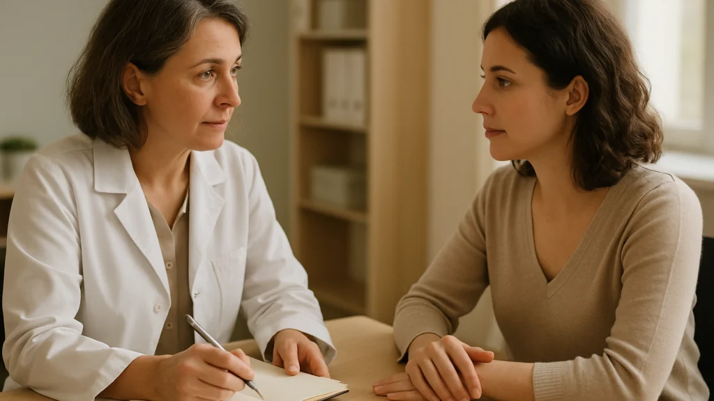 Médica con bata blanca toma notas con bolígrafo mientras escucha a una paciente con jersey beige en una consulta luminosa