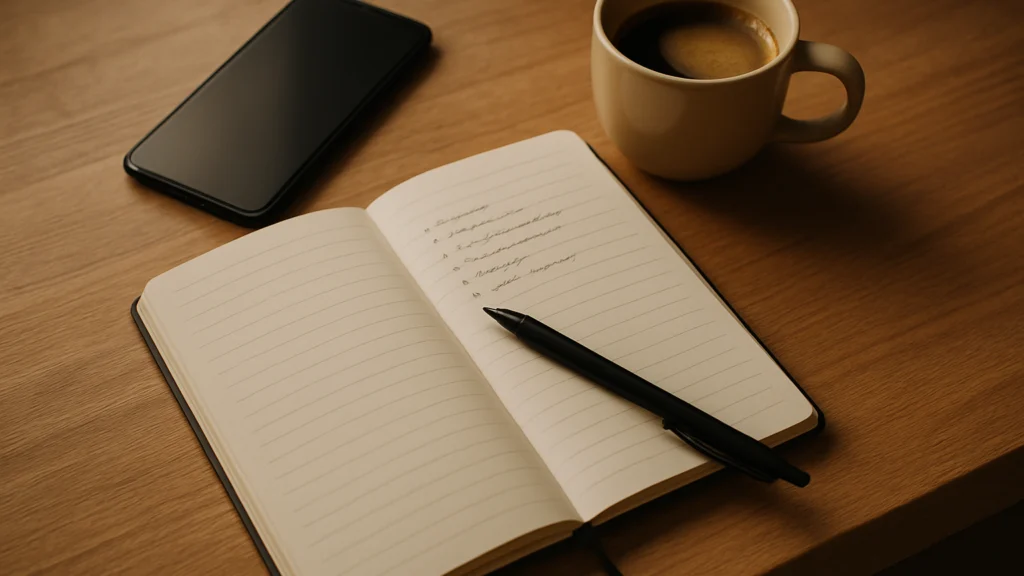Libreta de rayas abierta con una lista manuscrita y un bolígrafo negro, junto a un móvil apagado y un café